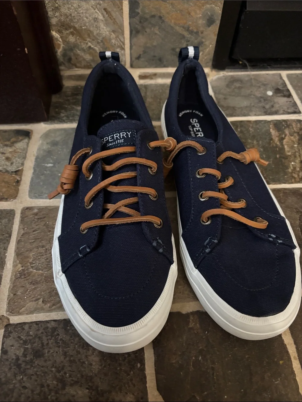 Sperry Navy Canvas Boat Shoes with Tan Laces